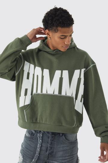 Oversized Boxy Twill Applique Contrast Stitch Hoodie khaki