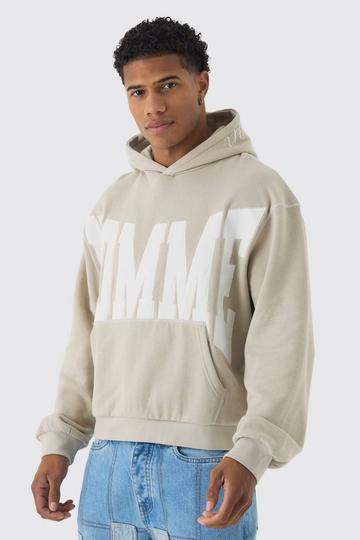 Oversized Boxy Twill Applique Contrast Stitch Hoodie stone