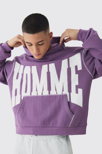 Purple Oversized Boxy Twill Applique Contrast Stitch Hoodie