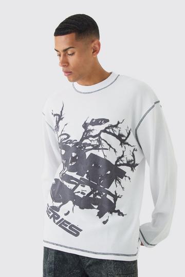 White Oversized Long Sleeve Printed Waffle Sweatshirt