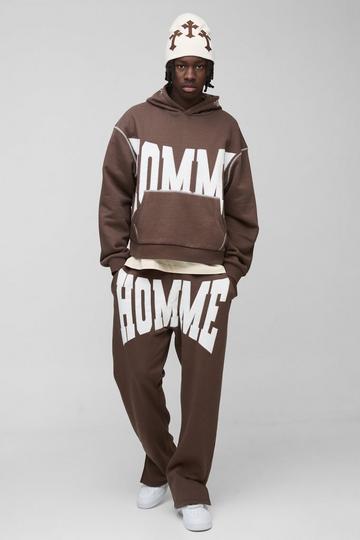 Oversized Boxy Twill Applique Contrast Stitch Hooded Tracksuit brown