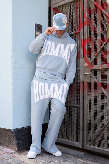 Oversized Boxy Twill Applique Contrast Stitch Hooded Tracksuit light blue