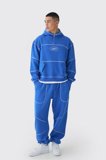 Oversized Geborduurd Boxy Trainingspak Met Capuchon En Contrasterende Stiksels cobalt