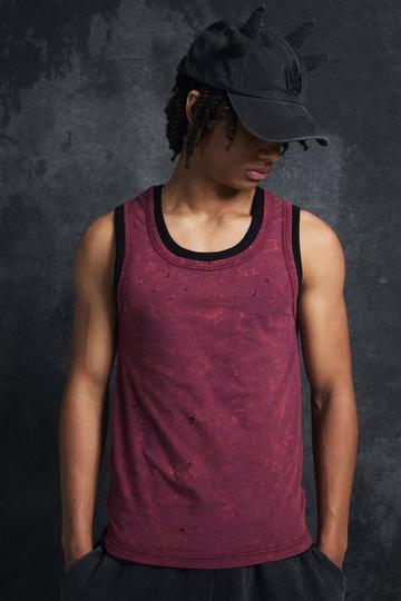 Burgundy Red Trippie Redd Slim Washed & Distressed Faux Layer Vest