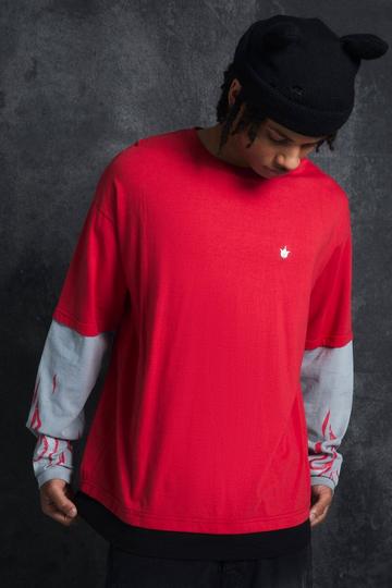 Trippie Redd Oversized Boxy Heavy Washed Faux Layer Flame Print T-shirt red