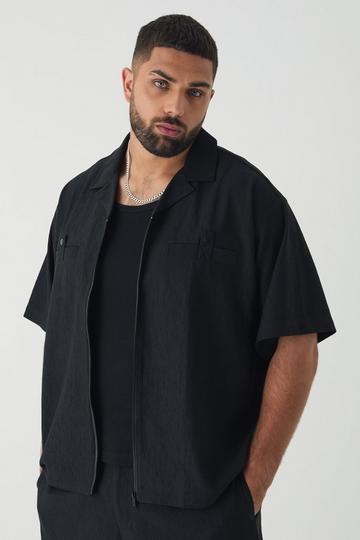 Black Plus Textured Pleated Zip Up Shirt