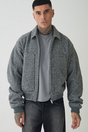 Tall Boucle Ruched Sleeve Bomber Jacket grey