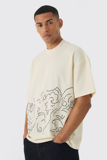 Oversized Extended Neck Jersey Twill Abstract Embroidery T-shirt ecru