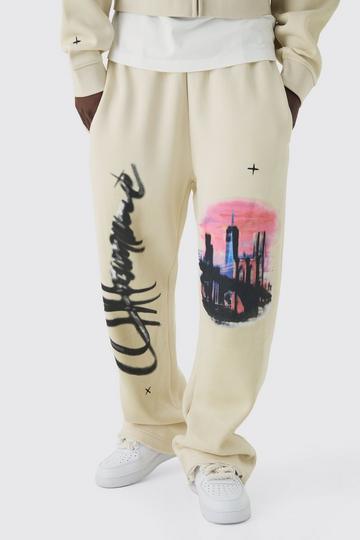 Relaxed Fit Flare Graphic Distressed Brushback Joggers stone