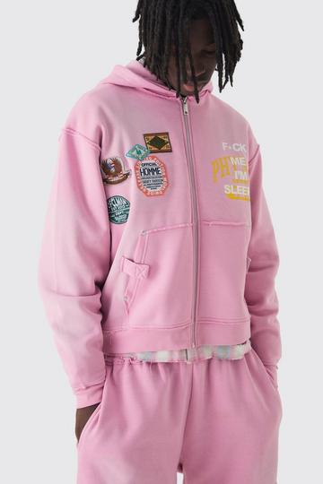 Oversized Applique Distressed Zip Through Brushback Hoodie pink