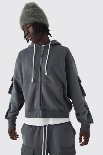 Charcoal Grey Oversized Boxy Utility Zip Through Brushback Hoodie