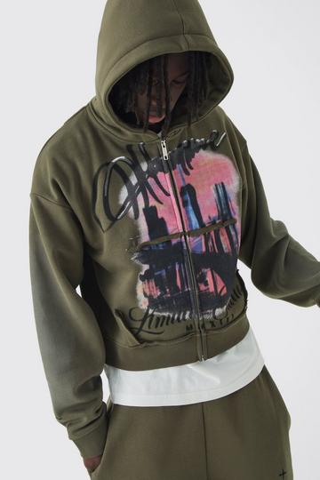 Shrunken Distressed Graphic Zip Through Brushback Hoodie khaki