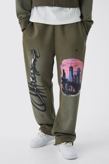 Relaxed Fit Flare Graphic Distressed Brushback Joggers khaki