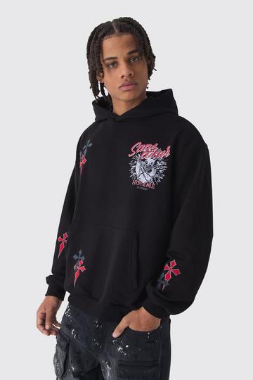 Oversized Loopback Gothic Applique Graphic Print Hoodie black