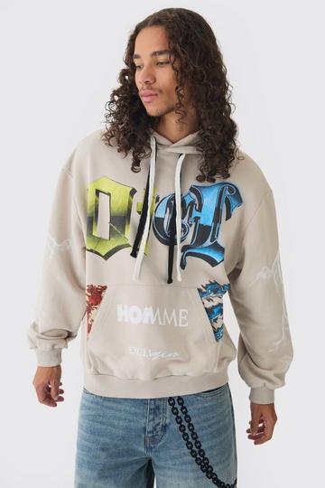 Stone Beige Oversized Loopback OFCL Gothic Print Hoodie