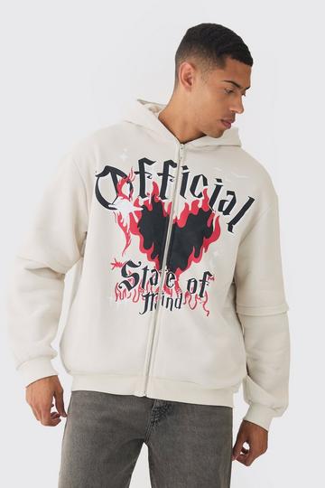 Oversized Zip Through OFFCL Heart Raw Edge Print Hoodie light grey