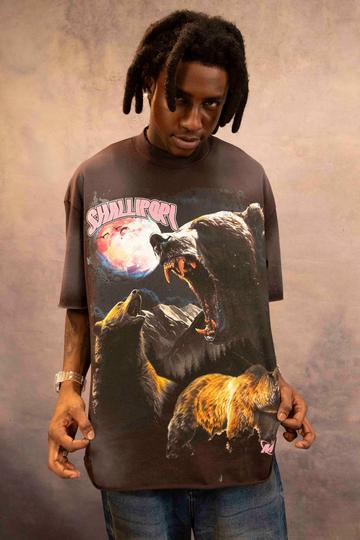 Oversized Extended Neck Bear Washed T-shirt chocolate