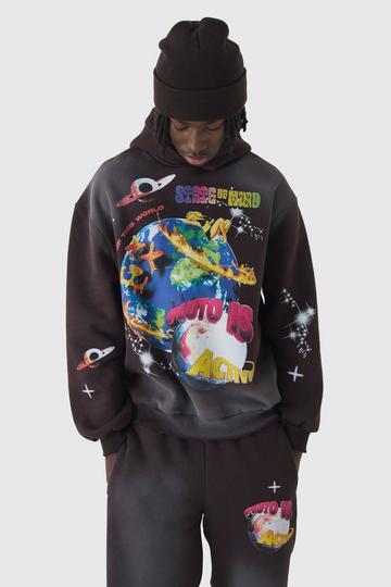 Chocolate Brown Oversized Distressed Space Graphic Brushback Hoodie