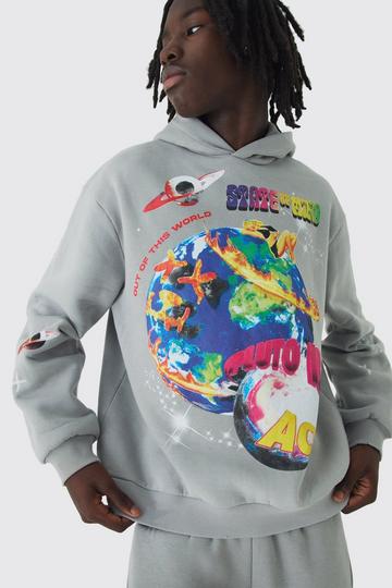 Oversized Distressed Space Graphic Brushback Hoodie charcoal