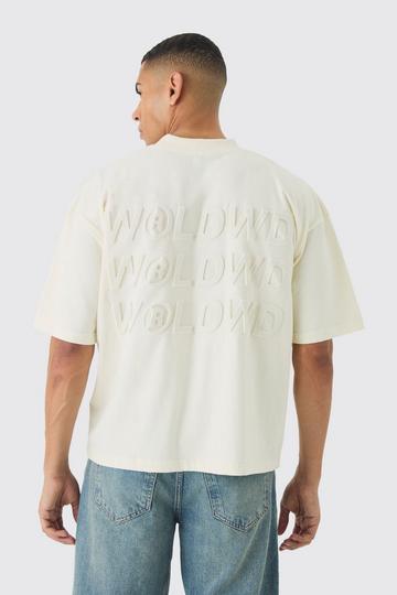 Oversized Boxy Extended Neck Deboss Worldwide T-shirt ecru