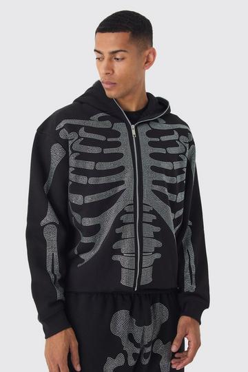 Oversized Boxy Diamante Skeleton Zip Through Hoodie black