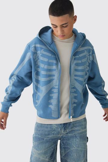 Blue Oversized Boxy Diamante Skeleton Zip Through Hoodie