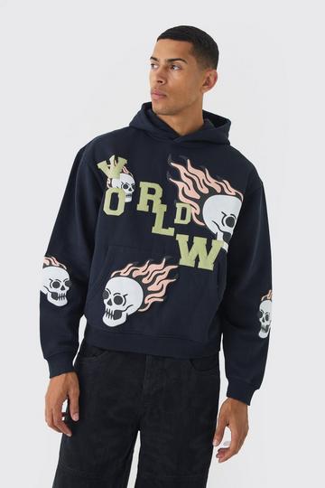 Oversized Boxy Worldwide Embroidery Skull Applique Hoodie navy