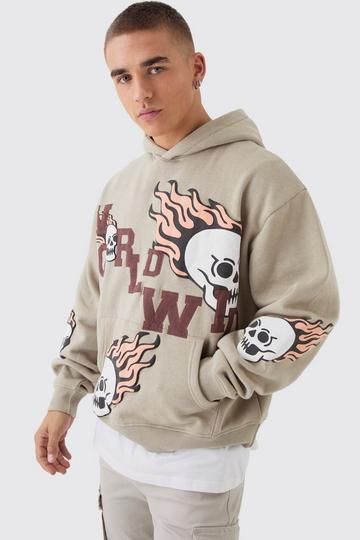 Oversized Boxy Worldwide Embroidery Skull Applique Hoodie stone