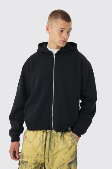 Oversized Boxy Worldwide Debossed Zip Through Hoodie black