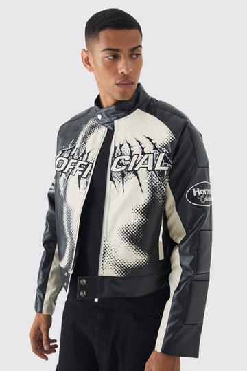 Black Boxy Official Printed PU Moto Jacket In Black