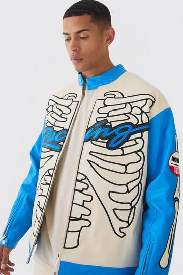 Blue Oversized Ribcage Applique PU Moto Jacket In Blue