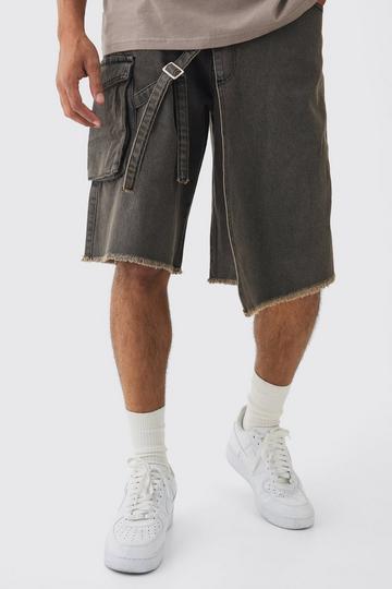 Strap Overlayed Denim Cargo Jorts washed black