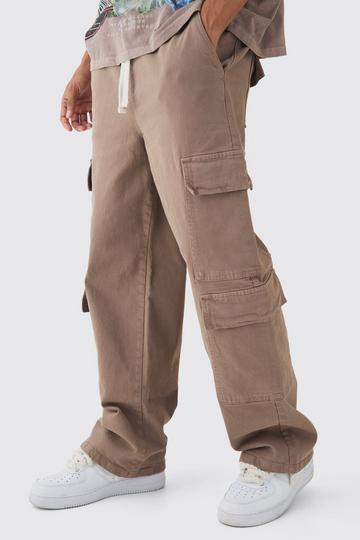 Elasticated Baggy Fit Multi Cargo Trousers taupe