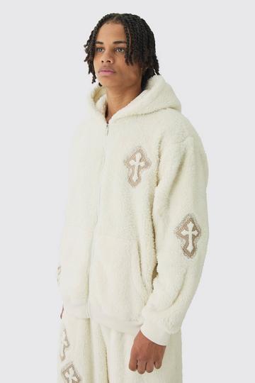 Oversized Embroidered Gothic Cross Zip Through Teddy Borg Hoodie cream