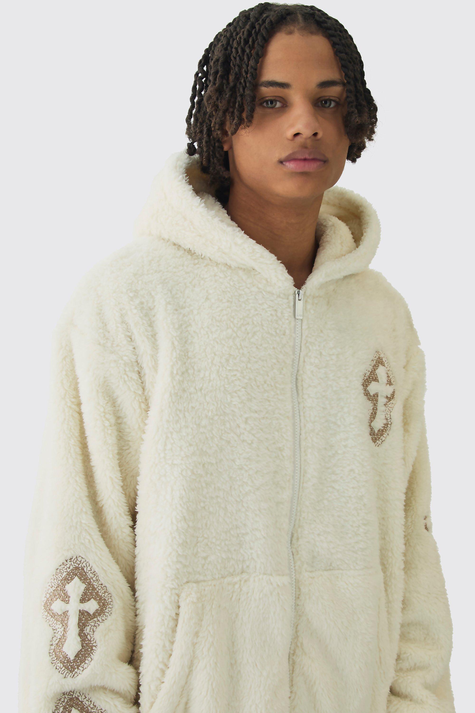 Oversized Embroidered Gothic Cross Zip Through Teddy Borg Hoodie boohoo