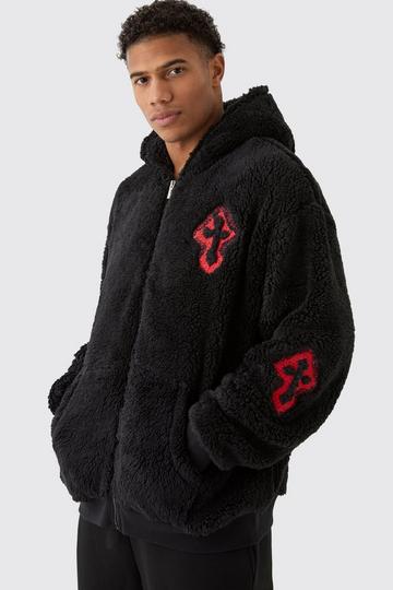 Oversized Gothic Cross Borg Zip Through Teddy Borg Hoodie black