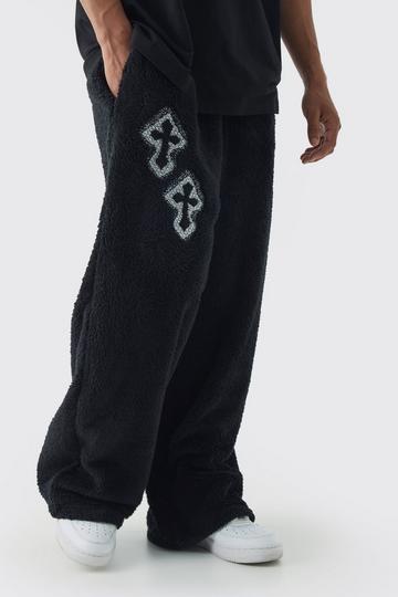 Wide Leg Embroidered Gothic Cross Teddy Borg Jogger black