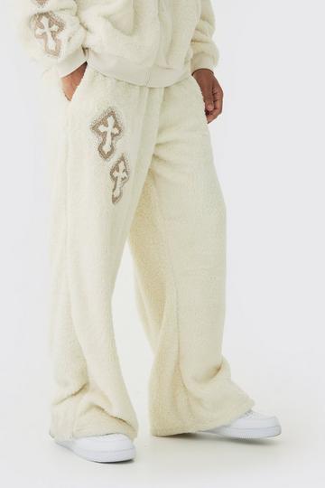 Cream White Wide Leg Embroidered Gothic Cross Teddy Borg Jogger