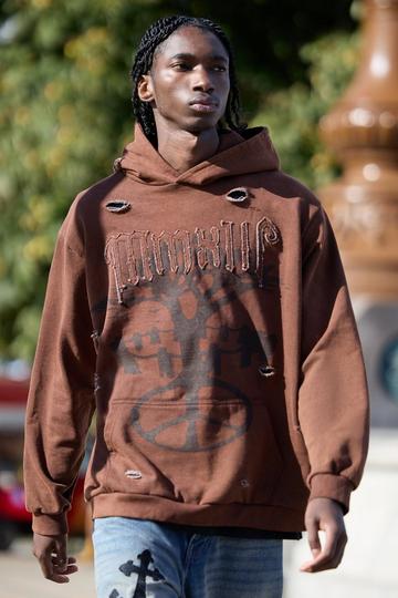 Oversized Loopback Self Fabric Applique Hoodie coffee