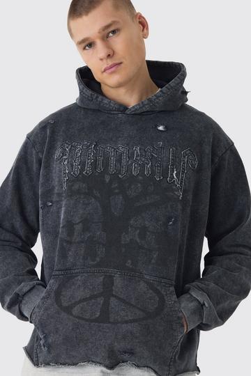 Charcoal Grey Oversized Boxy Loopback Applique Raw Edge Hoodie