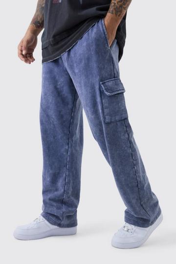 Blue Straight Leg Raw Hem Cargo Loopback Joggers