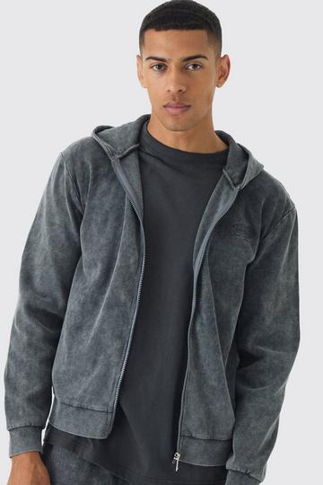 Regular Fit Washed Rib Man Embroidered Zip Through Hoodie charcoal