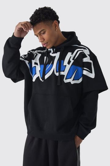 Oversized Faux Layer Graffiti Hoodie black