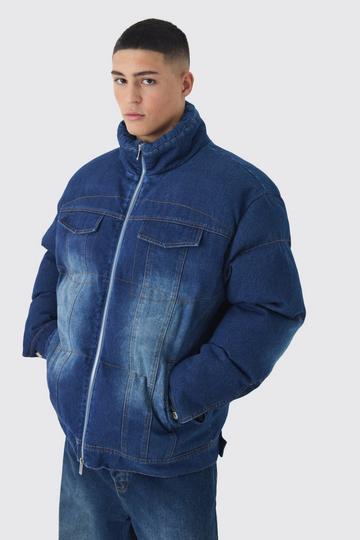 Boxy Oversized Funnel Neck Denim Puffer Jacket indigo