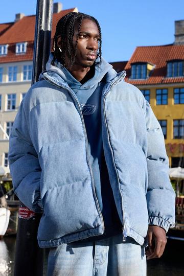 Oversized Funnel Neck Detachable Hood Denim Puffer Jacket light blue