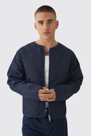 Boxy Fit Quilted Collarless Denim Jacket indigo