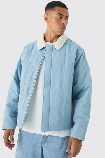 Oversized Quilted Denim Jacket With Borg Collar light blue