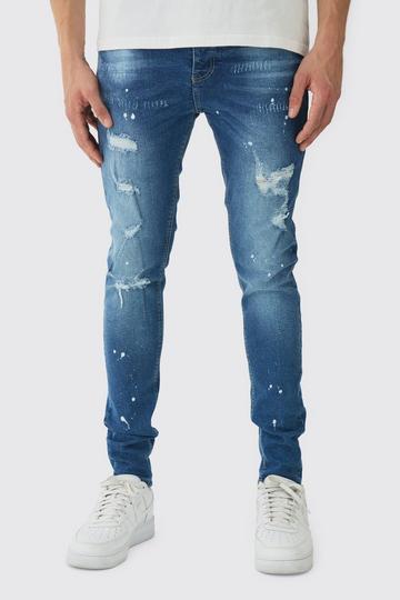 Skinny Stretch Rip & Repair Paint Splatter Jeans mid blue