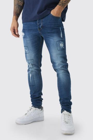 Skinny Stretch Rip & Repair Patchwork Jeans dark blue