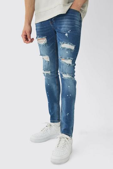 Dark Brown Skinny Stretch Rip & Repair Paint Splatter Jeans